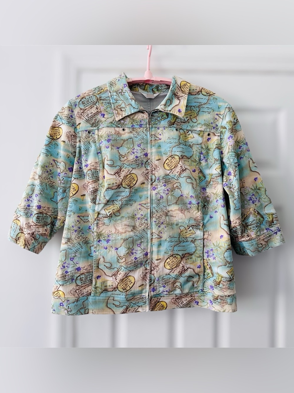 Map Flower Novelty Print Jacket Size 2X Travel Theme Art Teacher Spring Plus EUC